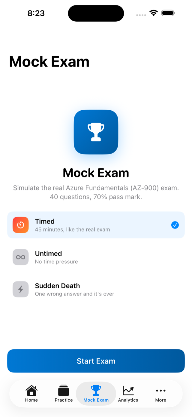 Timed mock exam screen simulating the real AZ-900 format